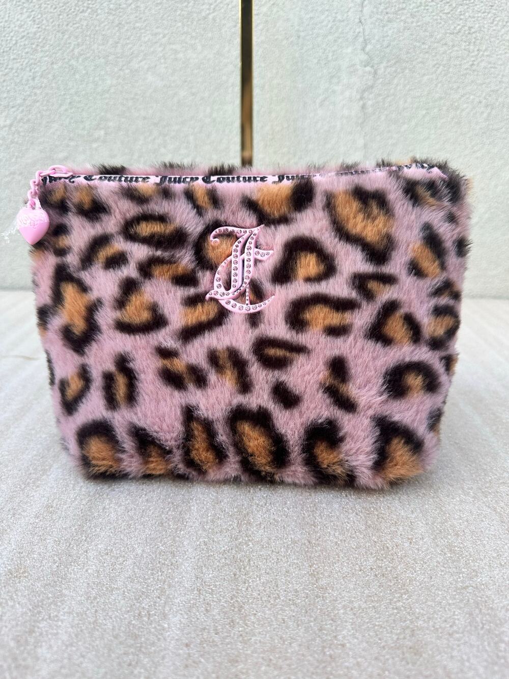 Juicy Couture Pink Leopard Faux Fur Cosmetic Makeup Bag Rhinestone JC